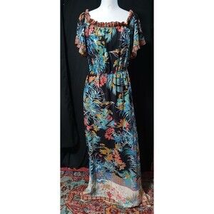 Flying Tomato Long Maxi On/Off Shoulder Style Tropical Dress  Large